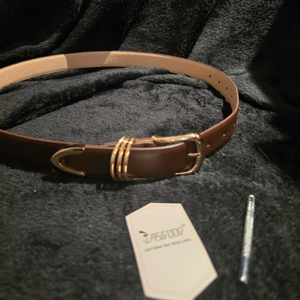 JASGOOD Women's Brown Leather Belt with Gold 3-Ring Buckle – Size XL, 110cm